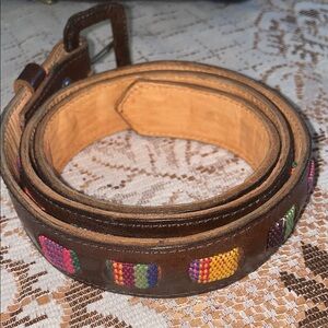 Unisex Handmade Leather Belt With Colorful Mayan Weave Size 34-35